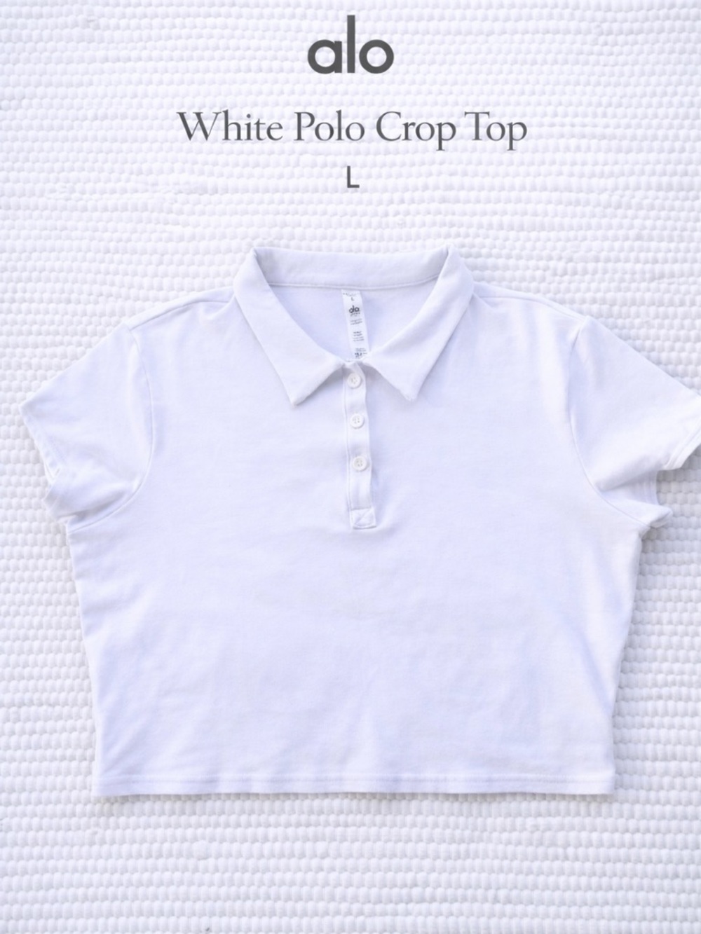 Alo Yoga White Polo Crop Top L Athletic Tennis Golf Minimal Chic